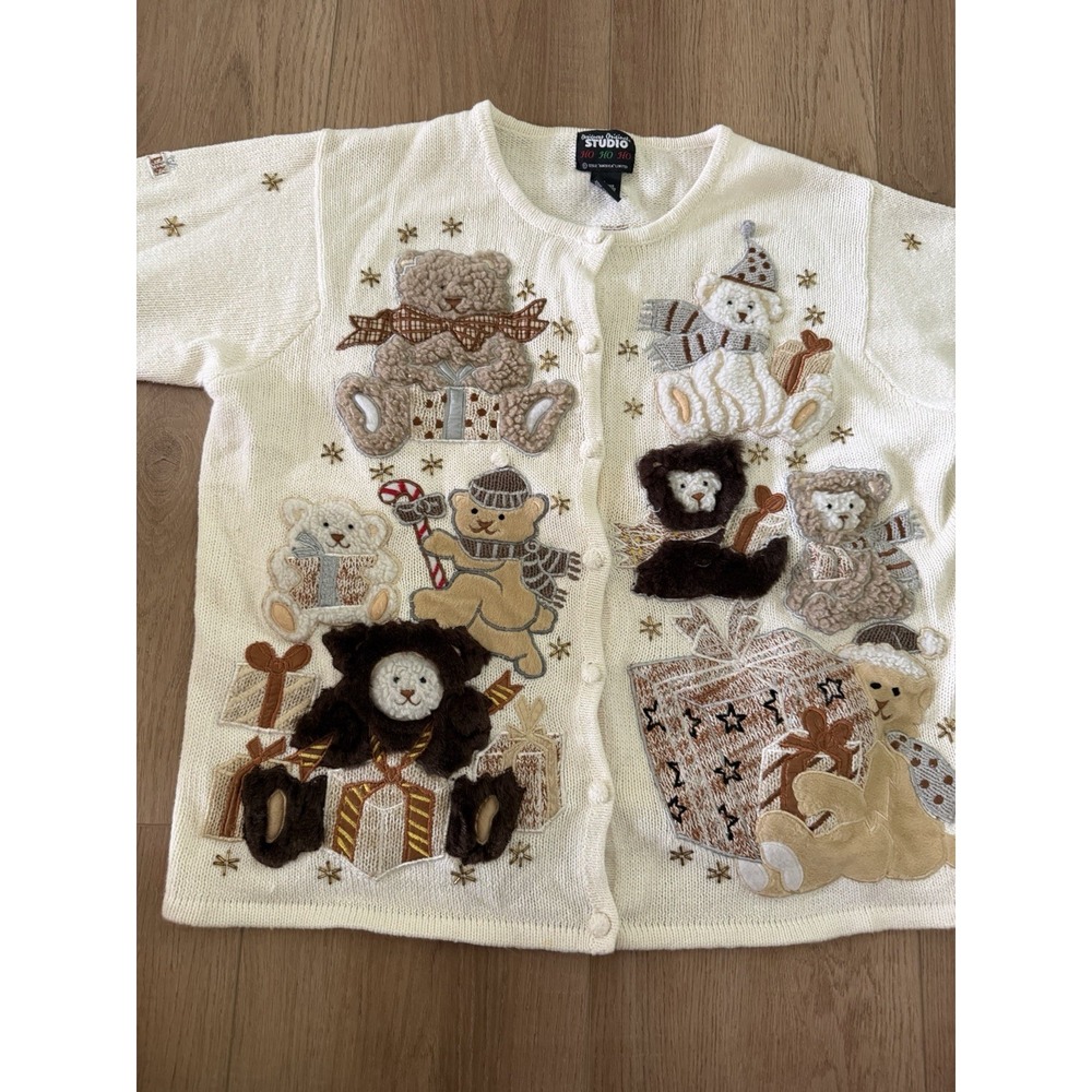 Vtg Designer Cardigan Sweater Womens Large Teddy Bear Ugly Xmas Ivory Button Up
